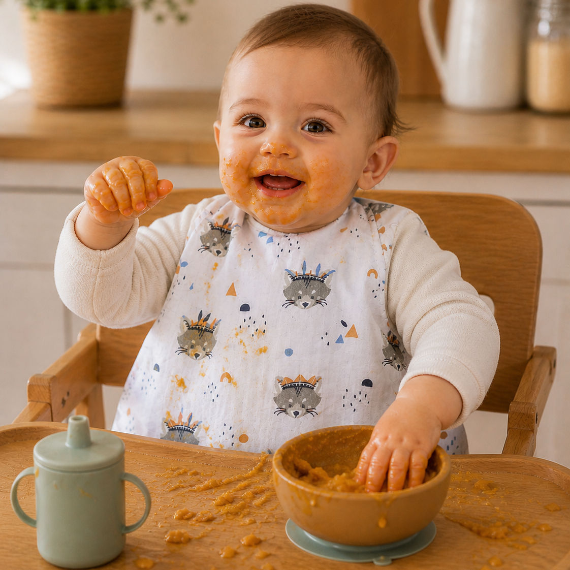 Bébé souriant plein de nourriture lors de sa diversification alimentaire, portant un bavoir tablier motif raton laveur