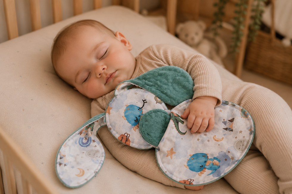 Bébé apaisé dormant avec son doudou lien imprégné de l’odeur de maman