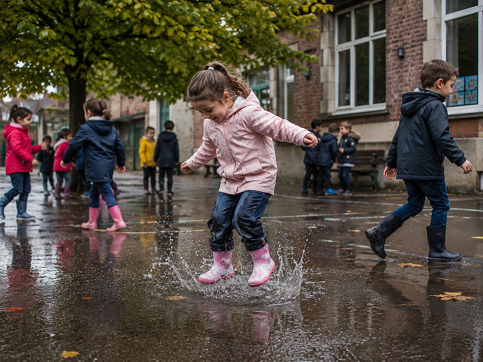 Enfant sautant dans une flaque, vêtements trempés à ranger dans la pochette imperméable Les Folies du Crochet au retour de l'école