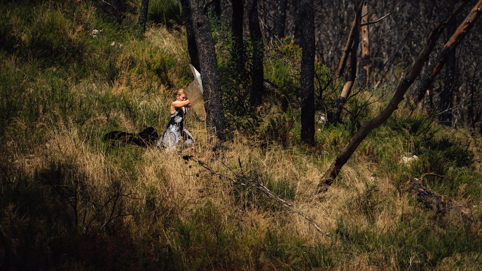 Person in dress holding reflector in dry grassland with trees