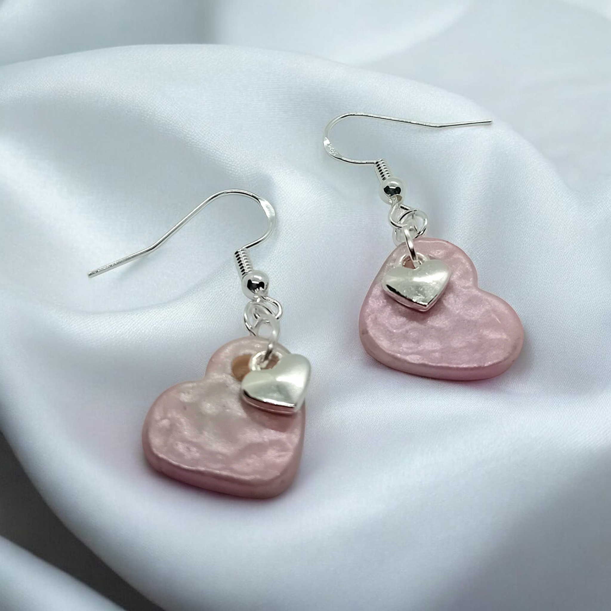Pearly Pink Clay Heart Earrings