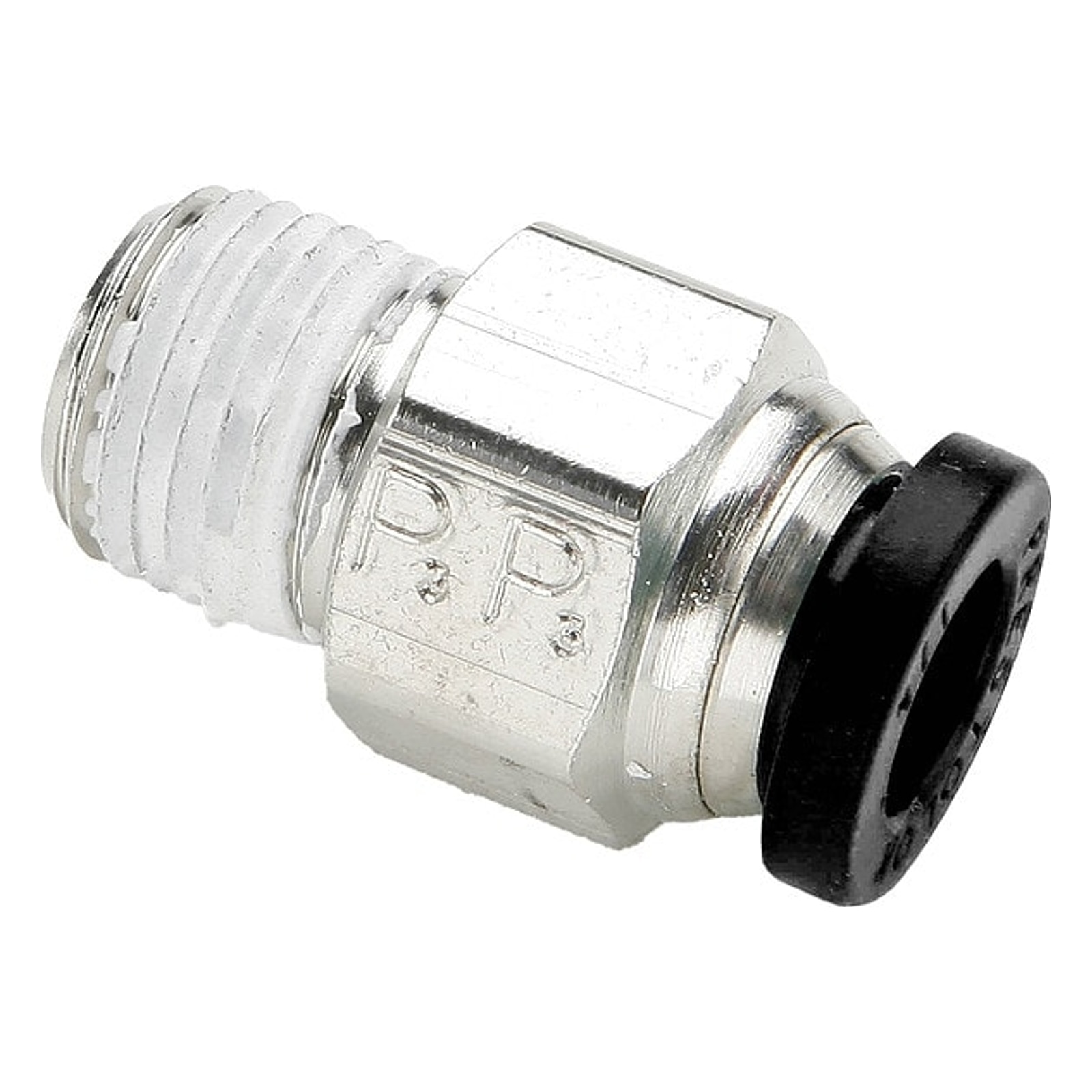 Parker push-to-connect fitting 1/4 in OD tube x 1/8 in MNPT on white background