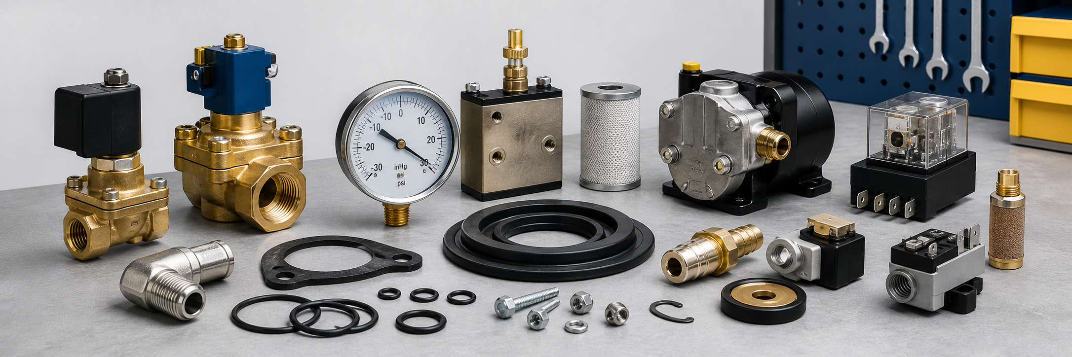 Dry cleaning machine replacement parts including valves, gauges, filters, pumps, seals and fittings
