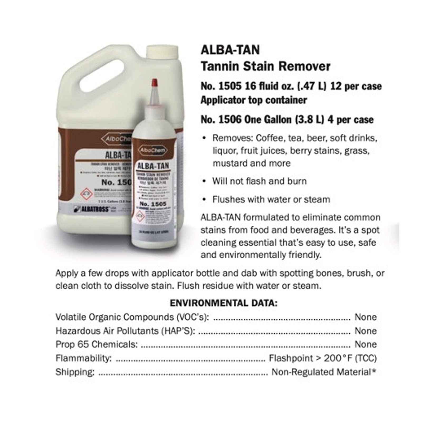 1505 Alba-Chem 1505 Tannin Stain Remover 16oz bottle primary product photo for dry cleaning machine service