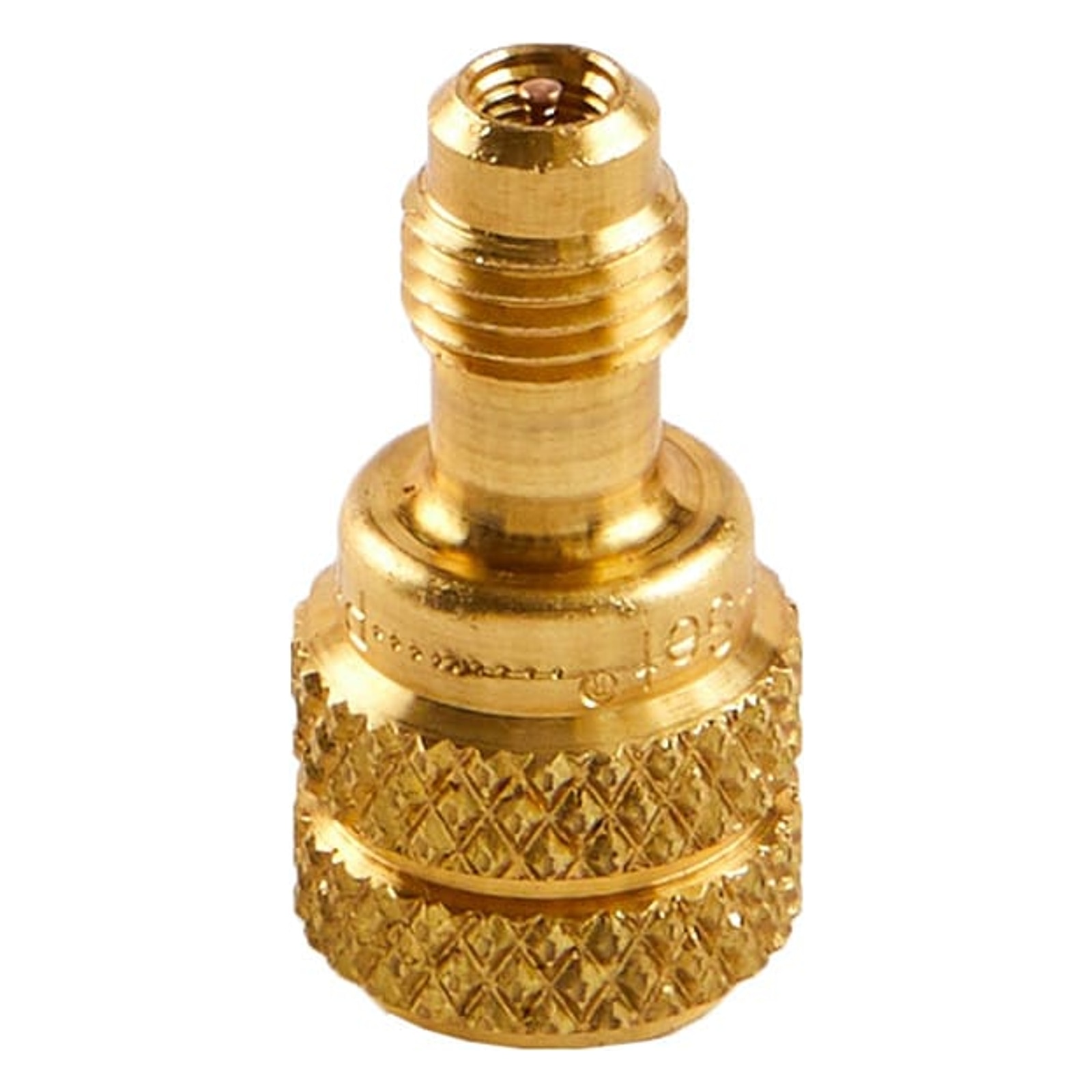 Brass hose adapter 1/4 SAE male x 5/16 SAE female on white background