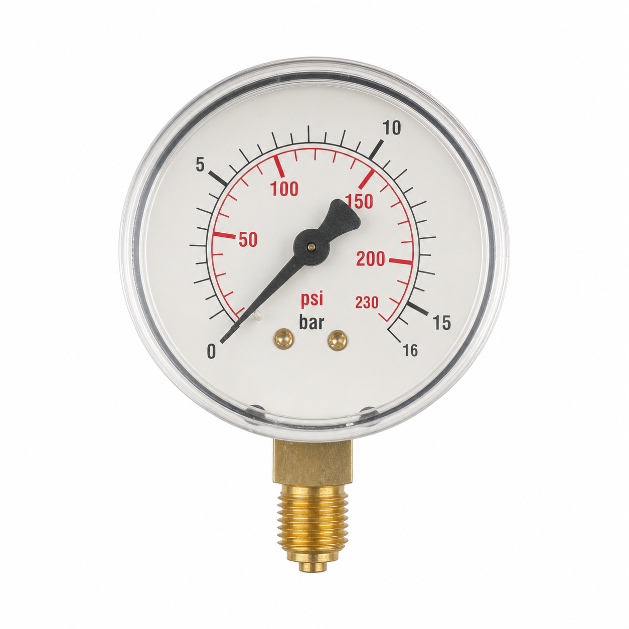 FMB Firbimatic 0804012 pressure gauge 0-16 bar 0-230 PSI 1/4 inch MPT bottom connection front view
