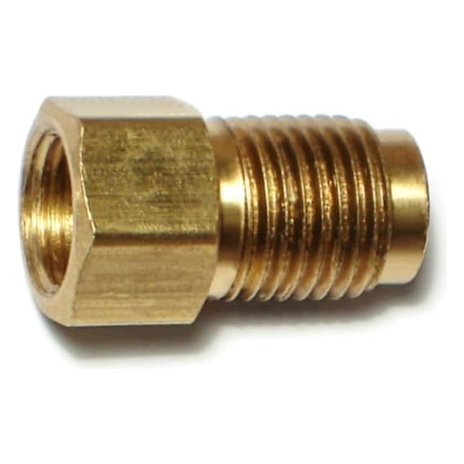 Brass conversion adapter 1/4 FIP x 5/16 MIP 4 pack on white background