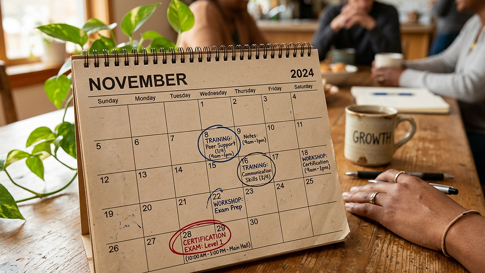 Close-up view of a calendar with marked dates for training and certification exams