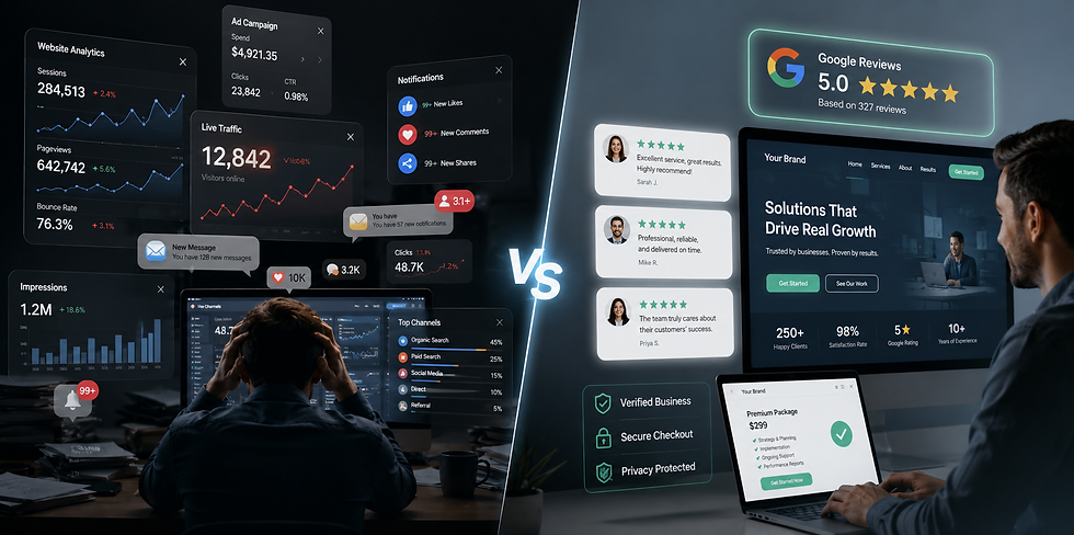 Split-screen digital marketing illustration comparing high website traffic versus customer trust. The left side shows a chaotic scene filled with analytics dashboards, social media notifications, impressions, charts, clicks, and crowded digital metrics, representing online noise and visibility without trust. The right side shows a calm, professional online experience with glowing 5-star Google reviews, verified badges, testimonials, a clean modern website, and a customer confidently selecting a business online. The overall style is sleek, realistic, and modern with cinematic lighting in charcoal gray, teal, blue, and light green tones.
