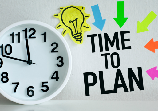 Wall clock showing 9:50 next to colorful arrows pointing toward the phrase “Time to Plan” with a yellow lightbulb sketch above it.