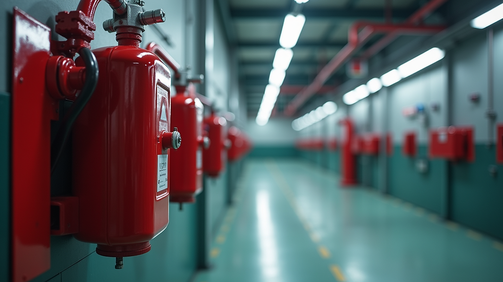 Eye-level view of fire safety equipment installed in an industrial facility