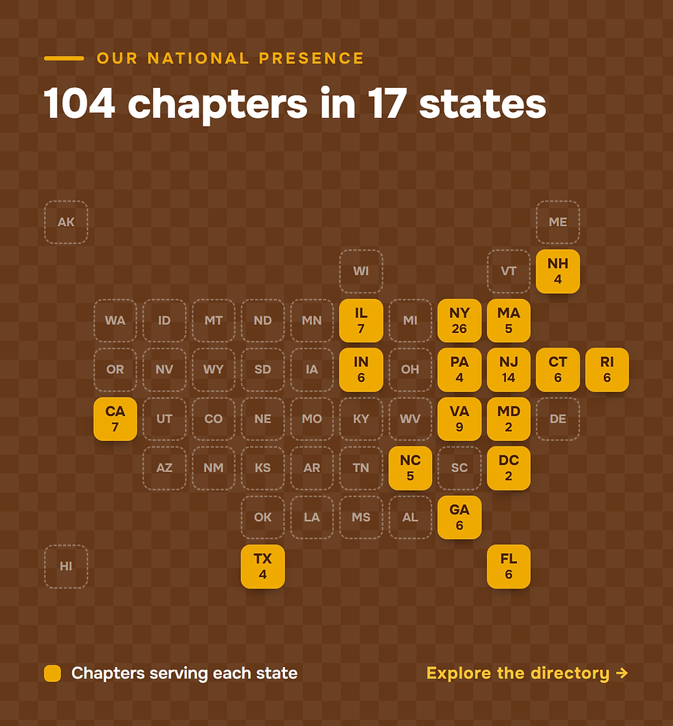 Map of the United States showing 104 La Unidad Latina chapters across 17 states. Select to open the chapter directory.