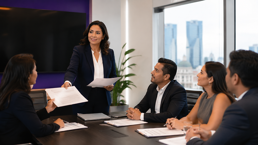 Equipo de capacitación empresarial revisando constancias DC-3 en sala de reuniones corporativa