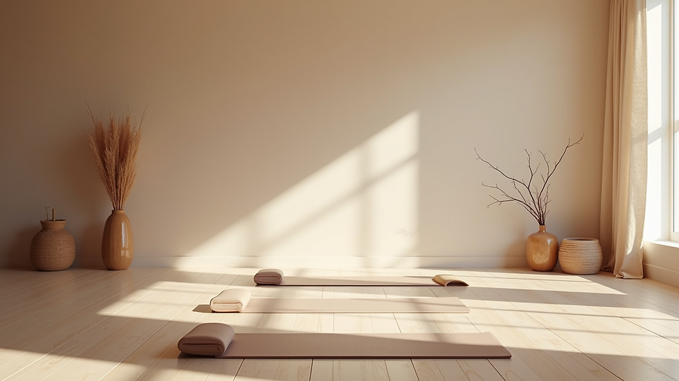 Eye-level view of a serene yoga space with mats and calming decor