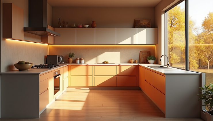 Eye-level view of a modern kitchen with warm autumn lighting