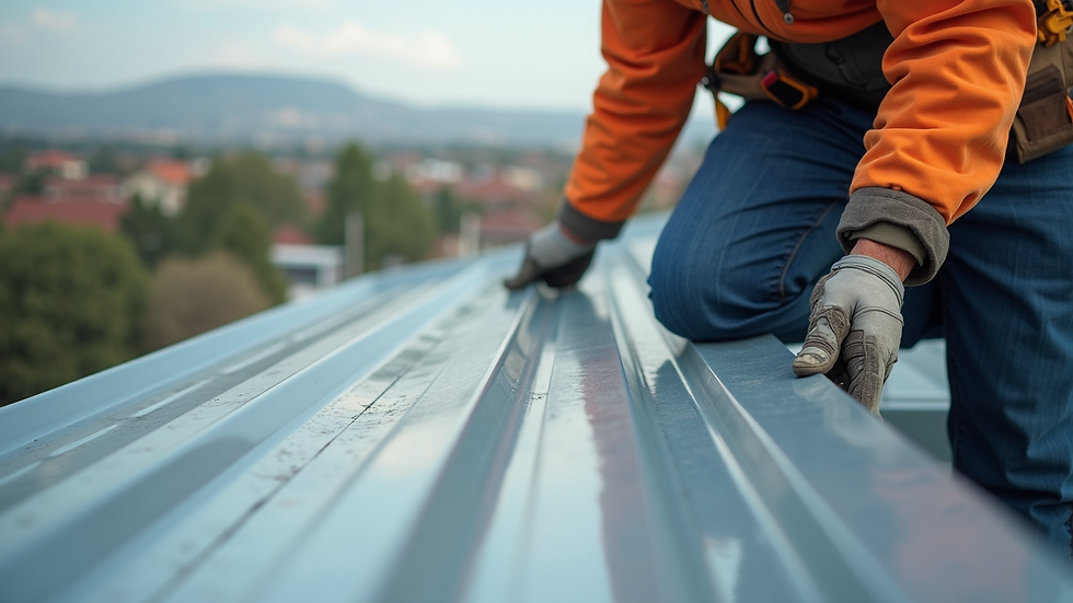 Close-up view of a contractor installing metal roofing panels