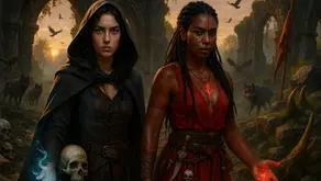 Louise con capa oscura y Coco con túnica roja, en ruinas góticas con lobos, calaveras, niebla y banderas rotas – imagen del resumen por capítulos del libro Los hijos del rey