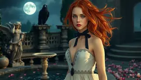 Portrait of Mona Mayfair with a defiant expression and ethereal dress beside a stone fountain strewn with petals – Chapter-by-chapter Summary of Blood Canticle