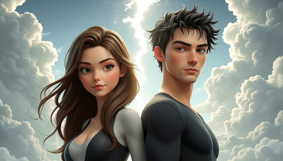 Katy y Daemon, mostrados de la cintura hacia arriba, bajo un cielo abierto y nubes densas interrumpidas por una grieta brillante – Orden de lectura – Saga Lux