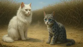 Goosekit con pelaje gris moteado y ojos azules intensos, encorvado y con expresión temerosa frente a Cloudberry, gata blanca anciana con pelaje largo y mirada severa, ambos en un claro sin vegetación, rodeados de zarzas secas, raíces expuestas y polvo suspendido en un ambiente de silencio denso – imagen del resumen por capítulos del libro Goosefeather’s Curse