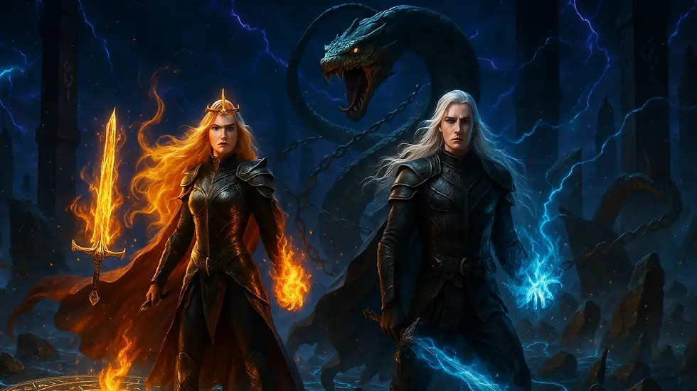 Aelin envuelta en fuego y Rowan con magia de hielo sobre rocas flotantes del Plano Wyrd – Resumen por capítulos del libro Reino de cenizas