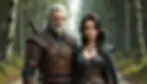 Geralt de Rivia con armadura de cuero y medallón junto a Yennefer de Vengerberg con joyas y vestido oscuro, ambos firmes en un sendero boscoso tras la lluvia – Resumen por capítulos del libro La espada del destino