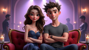 Evie Dasher y Luc frente a la cámara en un entorno nocturno con sofá rojo, velas y luces violetas, dentro del club Presagio – Resumen por capítulos del libro La estrella más oscura