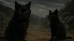 Shadowstar con pelaje negro espeso, cicatrices visibles y ojos verdes oscuros, se inclina levemente hacia Sun Shadow, joven de pelaje negro corto y sedoso con ojos ámbar brillantes y expresión solemne; ambos sobre tierra resquebrajada en un valle sin árboles, rodeados de rocas oscuras y bruma flotante bajo un cielo completamente nublado – imagen del resumen por capítulos del libro Shadowstar’s Life