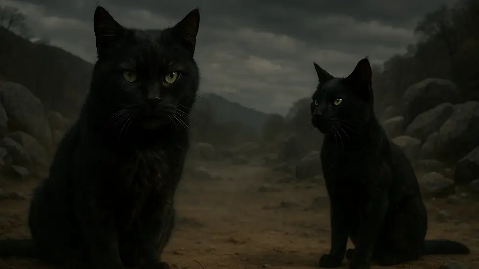 Shadowstar con pelaje negro espeso, cicatrices visibles y ojos verdes oscuros, se inclina levemente hacia Sun Shadow, joven de pelaje negro corto y sedoso con ojos ámbar brillantes y expresión solemne; ambos sobre tierra resquebrajada en un valle sin árboles, rodeados de rocas oscuras y bruma flotante bajo un cielo completamente nublado – imagen del resumen por capítulos del libro Shadowstar’s Life