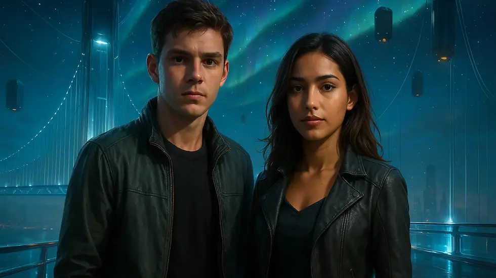 Joven con chaqueta oscura y chica morena en un puente futurista con luces y cápsulas flotantes – Resumen por capítulos del libro El juego infinito