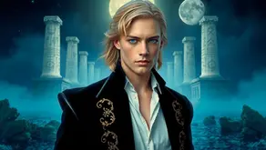 Portrait of Lestat in black coat with gold embroidery, surrounded by ancient columns and misty seas under a night sky – Chapter-by-chapter Summary of Prince Lestat and the Realms of Atlantis