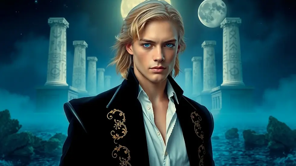 Retrato de Lestat con abrigo negro bordado en dorado, rodeado de columnas antiguas y mares brumosos bajo un cielo nocturno – Resumen por capítulos del libro El príncipe Lestat y los reinos de la Atlántida