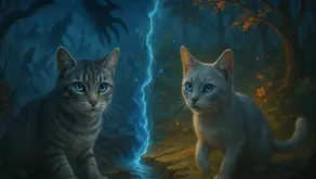 Gata plateada y gata gris claro frente a una grieta mágica en un bosque nocturno con árboles y niebla – Imagen del resumen por capítulos de Fading Echoes