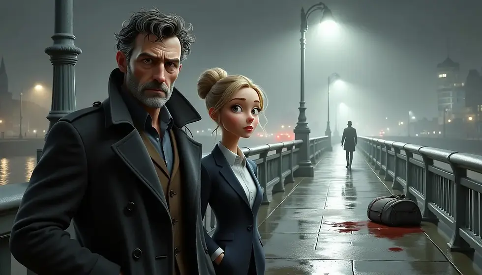 Cormoran Strike con abrigo oscuro y expresión tensa junto a Robin Ellacott con blazer azul marino, frente a una bolsa manchada de sangre y la silueta de un hombre alejándose en la niebla – resumen por capítulos del libro Blanco letal