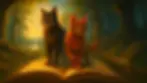 Dark brown Brambleclaw and reddish Squirrelflight on an open book among roots, glowing trees, and golden fireflies – Reading Order – Warrior Cats The New Prophecy