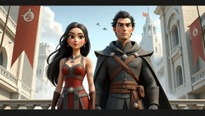 Poppy y Casteel en un balcón elevado de piedra clara con banderas rojas y arquitectura de poder, ambos con postura frontal y mirada fija – Resumen por capítulos del libro The Primal of Blood and Bone