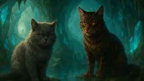 Yellowfang de pelaje gris oscuro y cuerpo robusto con mirada serena pero tensa se sienta junto a Raggedstar de pelaje tabby marrón oscuro con postura dominante, ambos en una cueva brillante con cristales fosforescentes, estalactitas goteando, polillas flotando y ecos felinos al fondo – imagen del resumen por capítulos del libro Yellowfang’s Secret