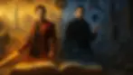 Hero in red robe with a blazing sword and shadowy figure with a dark orb rising from an open book among mystical symbols – The Wheel of Time Reading Order