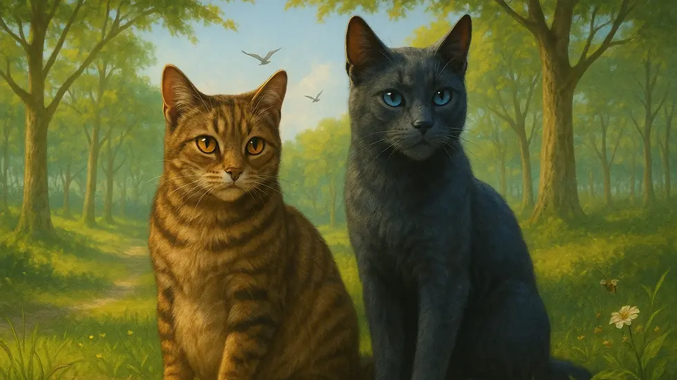Leafpool embarazada de pelaje marrón atigrado claro y mirada introspectiva se enfrenta a Crowfeather de pelaje gris oscuro y ojos azules serenos, ambos en un valle verde iluminado por luz de mediodía, con ramas movidas por el viento, pájaros volando y abejas entre flores silvestres – imagen del resumen por capítulos del libro Leafpool’s Wish