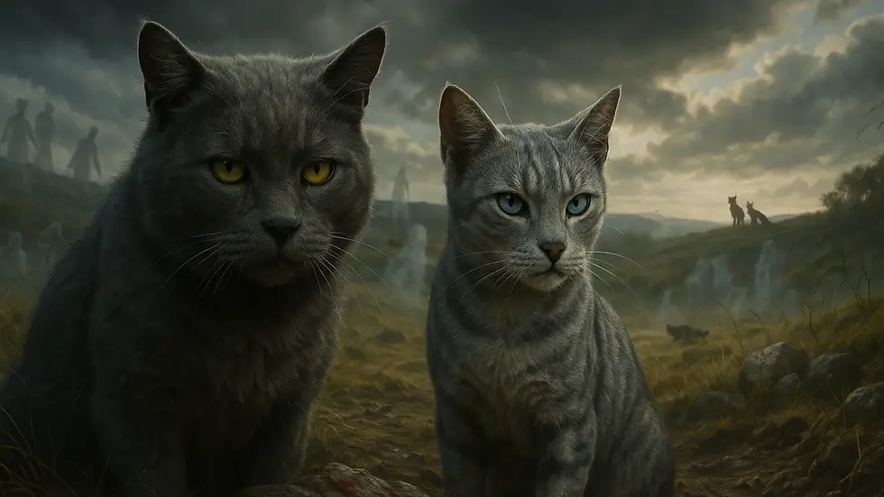 Dos gatos grises en primer plano, en una pradera con sangre, piedras rotas y figuras fantasmales al fondo – resumen por capítulos del libro The First Battle