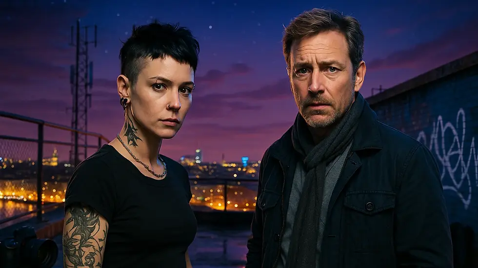 Lisbeth con chaqueta negra y Mikael con abrigo oscuro, observando datos en una sala de servidores – Resumen por capítulos del libro Lo que no te mata te hace más fuerte