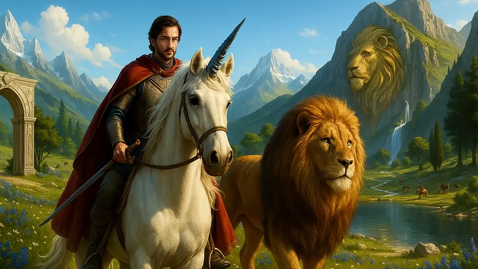 Tirian in armor riding a white unicorn, beside Aslan before mountains and flowers – Chapter-by-chapter Summary of The Last Battle