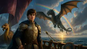 Caspian in golden armor on the deck while Eustace flies as a dragon beneath a cloudy sky and rainbow – Chapter-by-chapter Summary of The Voyage of the Dawn Treader