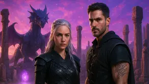 Violet y Xaden con armadura negra en un santuario mágico con columnas rotas y un dragón detrás – Resumen por capítulos del libro Alas de Hierro