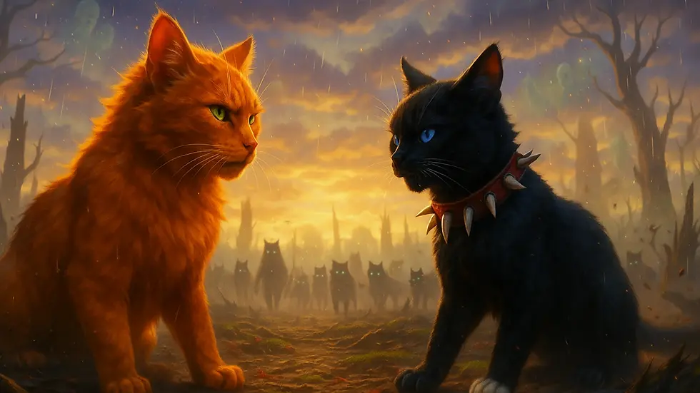 Firestar anaranjado y Scourge negro con collar de colmillos se enfrentan bajo un cielo dorado y lluvioso, rodeados por figuras de gatos – resumen por capítulos del libro The Darkest Hour