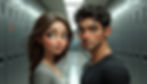 Ultra-realistic waist-up portrait of Katy Swartz and Daemon Black in a school hallway lined with lockers, both staring forward with restrained tension – chapter-by-chapter summary of the book Onyx
