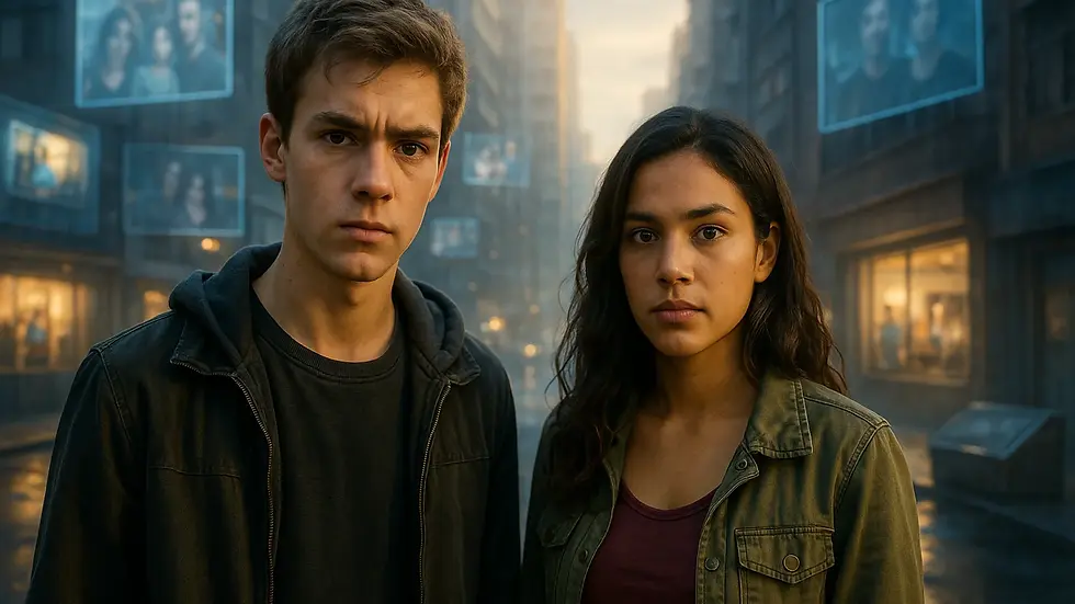 Adolescente con chaqueta oscura y chica de piel morena con chaqueta verde en una ciudad con pantallas digitales mostrando recuerdos familiares – Resumen por capítulos del libro El juego infinito: Revolución