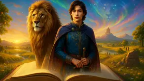 Caspian con capa azul y Aslan dorado emergen de un libro hacia campos iluminados, árboles y un castillo al fondo bajo un cielo estrellado – Orden de lectura – Crónicas de Narnia