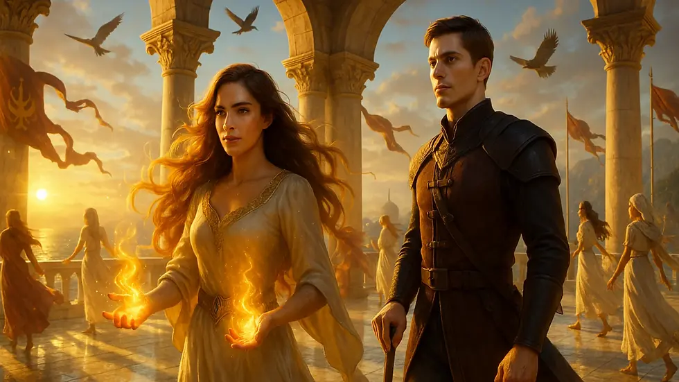 Chaol con bastón y Yrene con magia dorada en la terraza de mármol de la Torre Cesme – Resumen por capítulos del libro Torre del alba