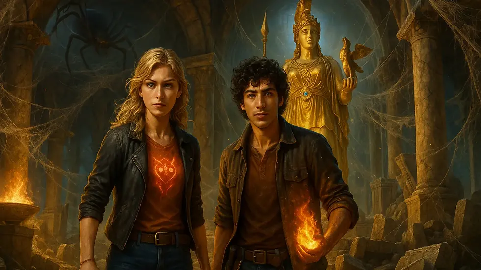 Annabeth con daga brillante y Leo con fuego en mano frente a una estatua dorada de Atenea en una caverna sombría con telarañas y una araña gigante – Resumen por capítulos del libro La marca de Atenea
